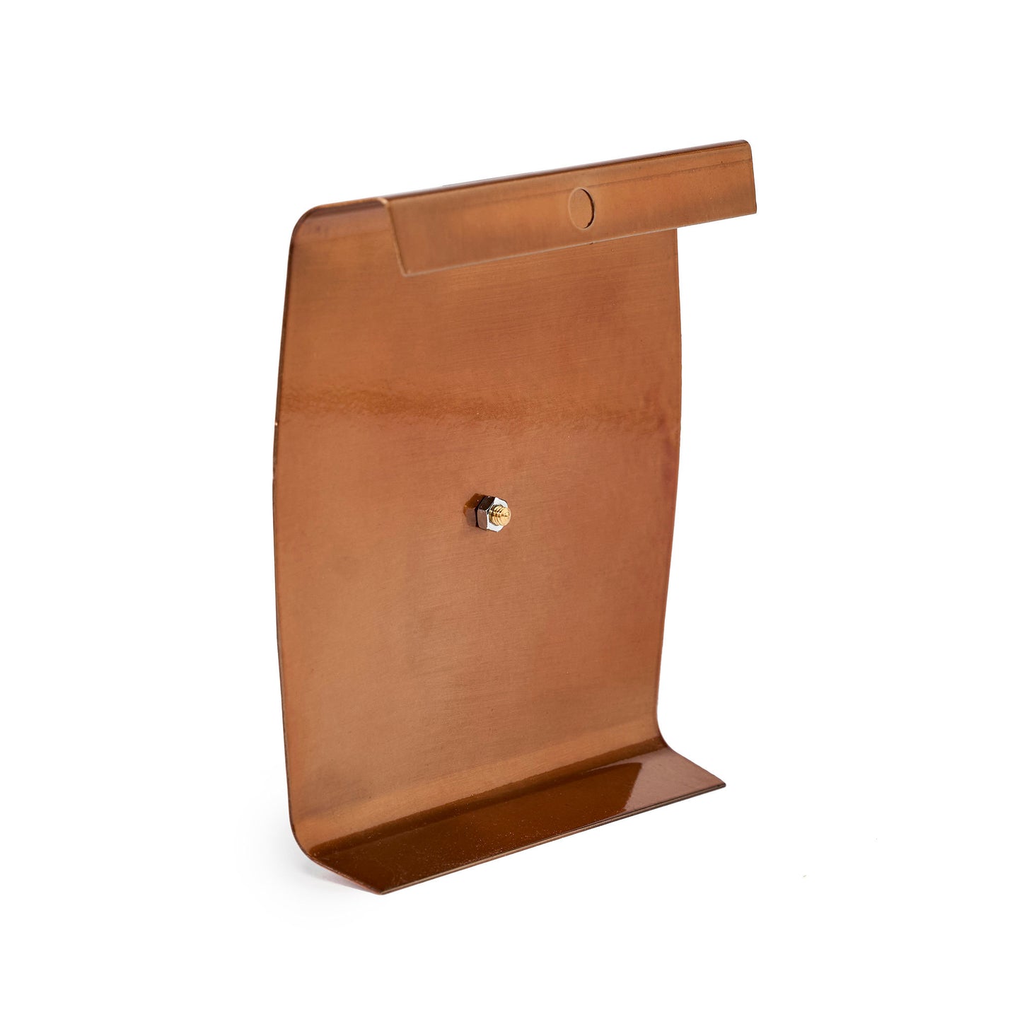 Copper thermometer with temperature markings rear view of mounting hole. 