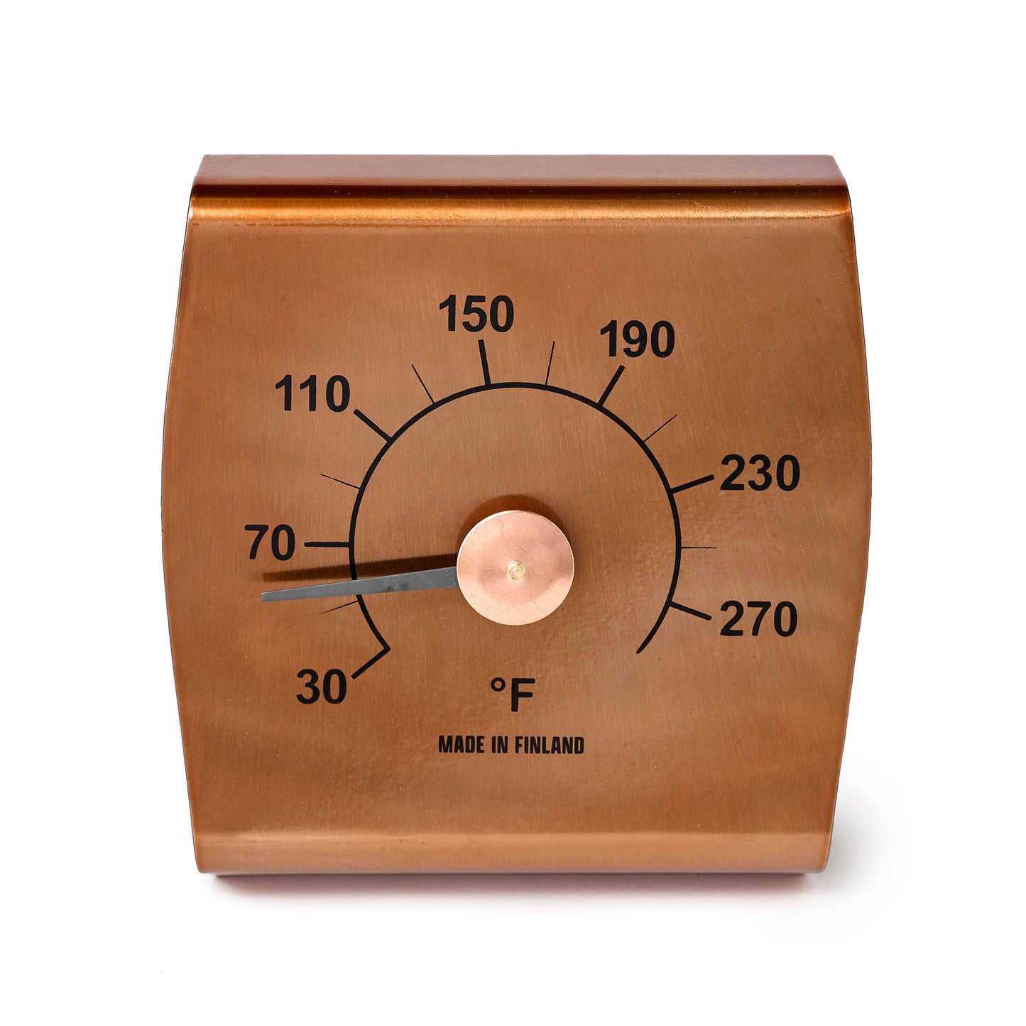 Copper thermometer with temperature markings front view