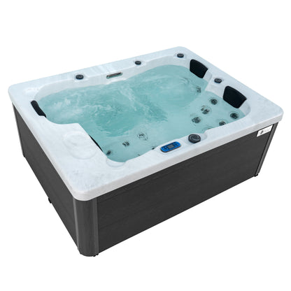 Redwood Outdoors Sequoia 3 person hot tub view from above with 3 seats, filled with water with the jets on.