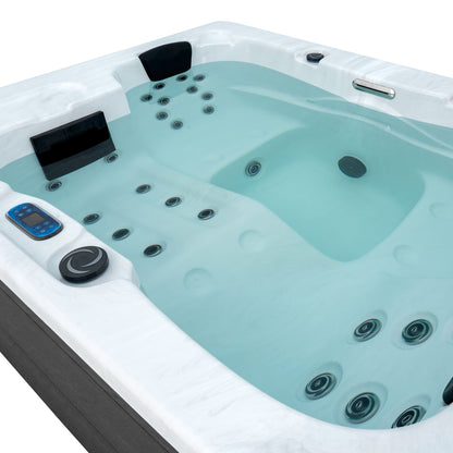 Redwood Outdoors Sequoia 3 person hot tub view from above of the interior of the hot tub filled with water