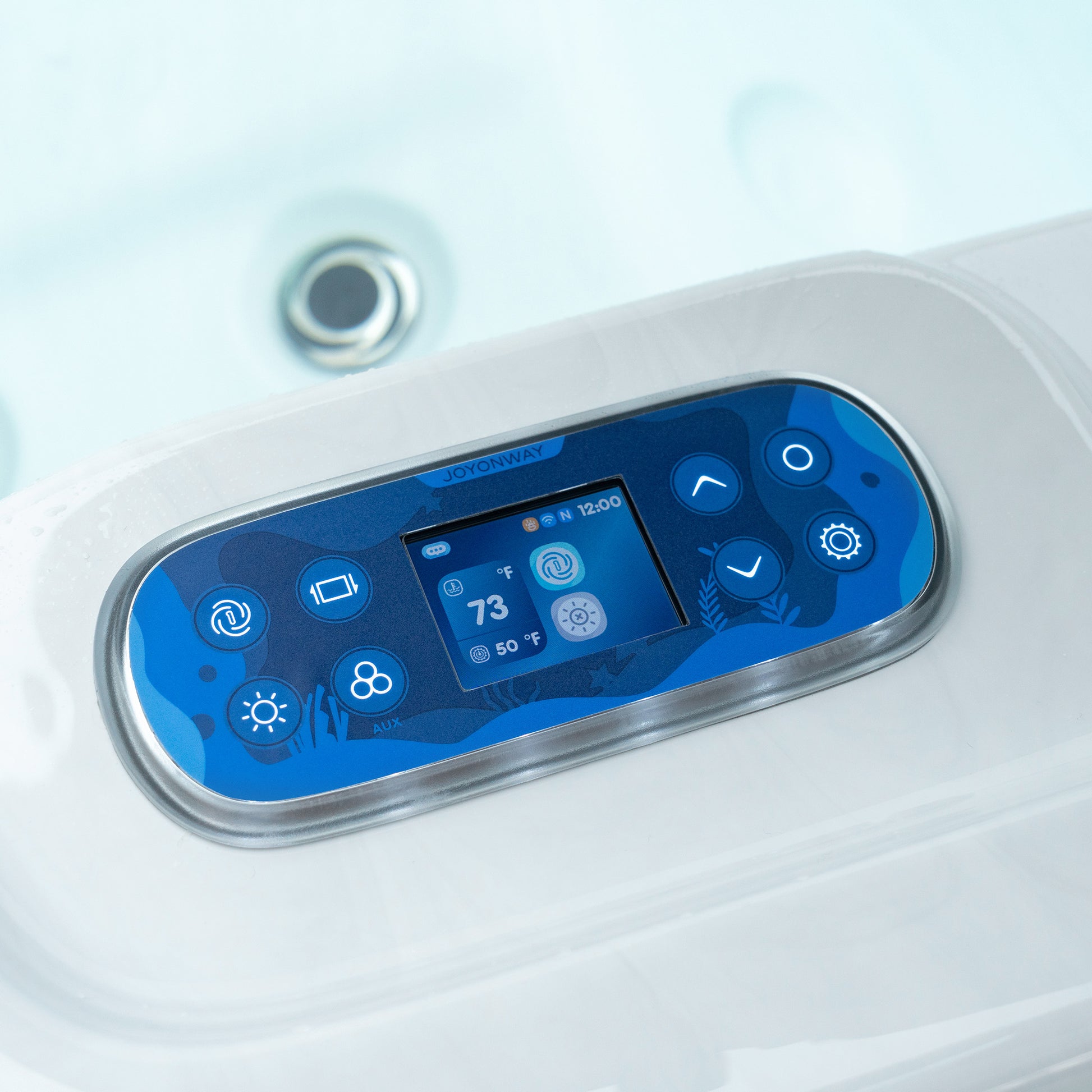 Redwood Outdoors Sequoia 3 person hot tub view of digital Wi-Fi enabled controller 