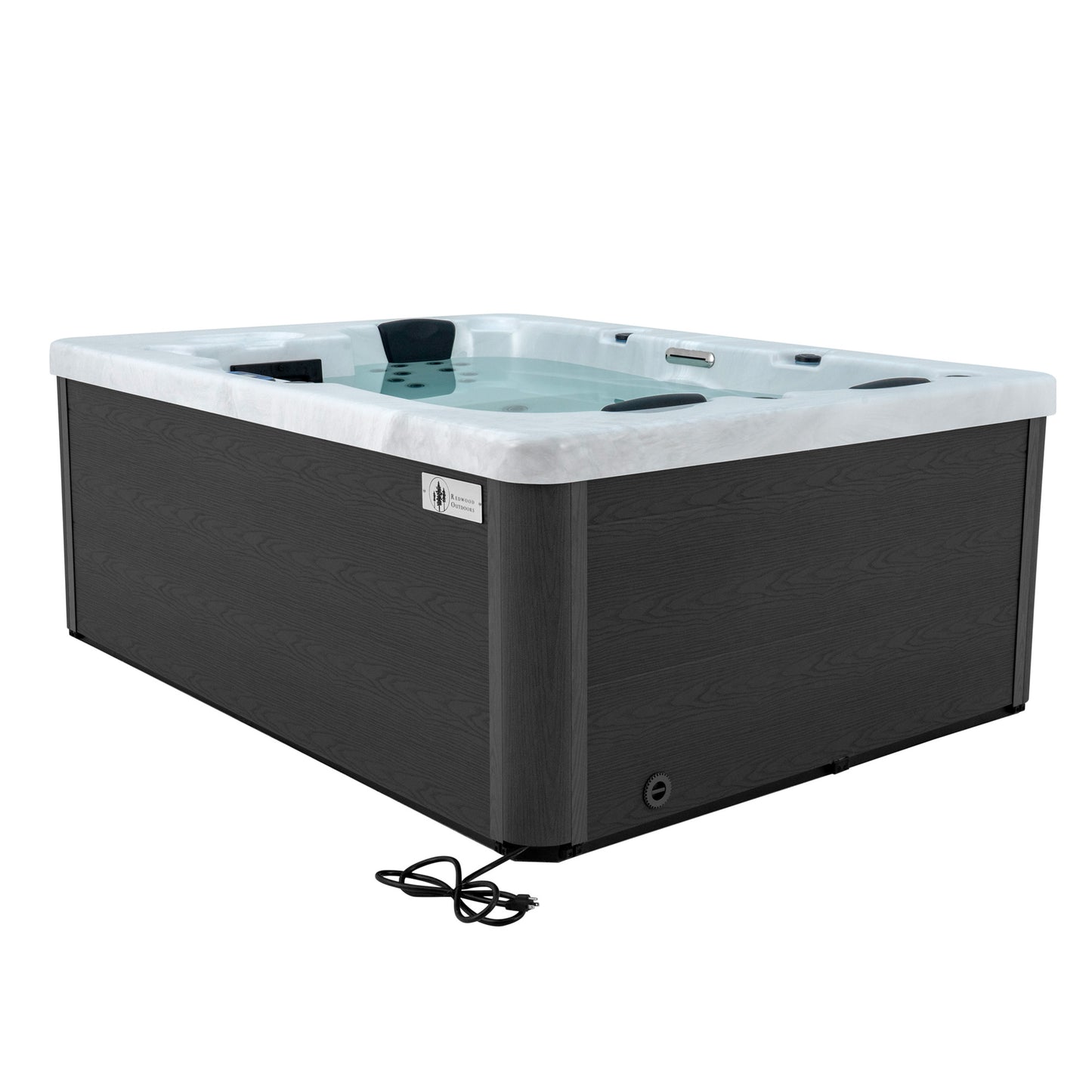 Redwood Outdoors Sequoia 3 person hot tub view from the side with a view of the 120V standard three prong plug.