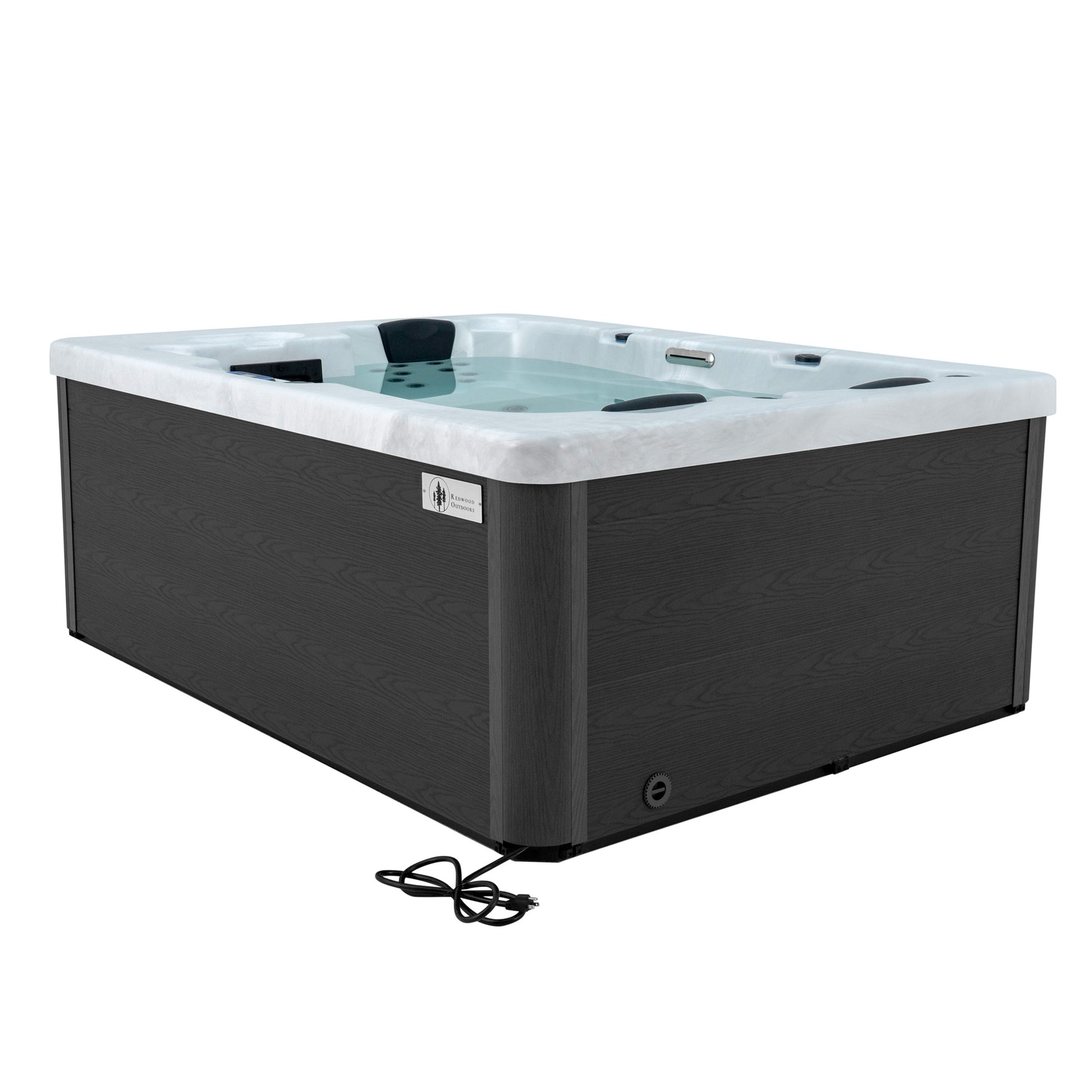 Redwood Outdoors Sequoia 3 person hot tub view from the side with a view of the 120V standard three prong plug.
