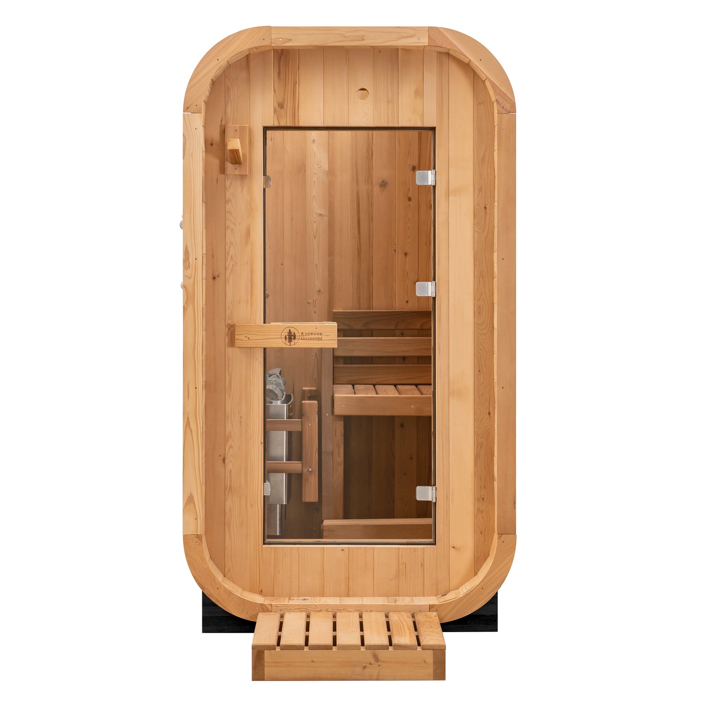Redwood Outdoors Solo 1 person outdoor sauna, made of hemlock wood with a glass door view from the front.