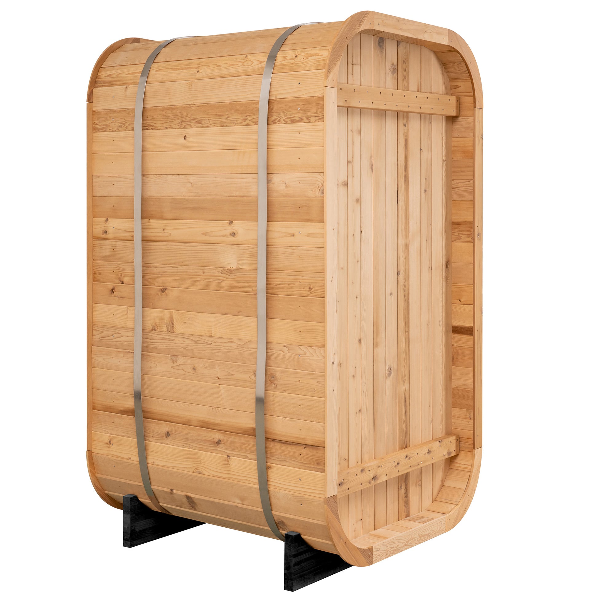 Redwood Outdoors Solo 1 person outdoor sauna, made of hemlock wood with a glass door view from the rear side angle.