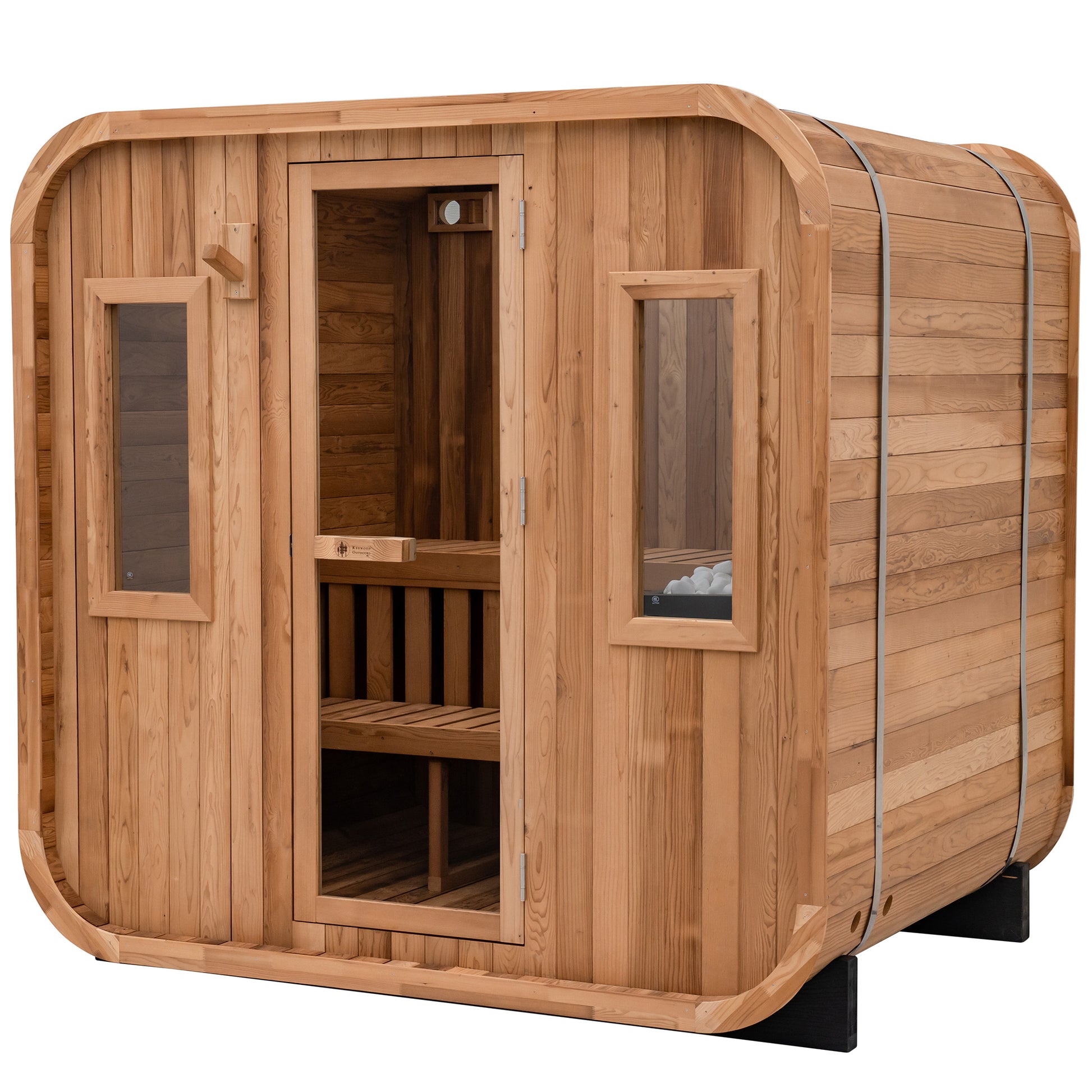 Redwood Outdoors Summit 6 person outdoor sauna, made of hemlock wood with a glass door and two large windows, exterior front angle view.
