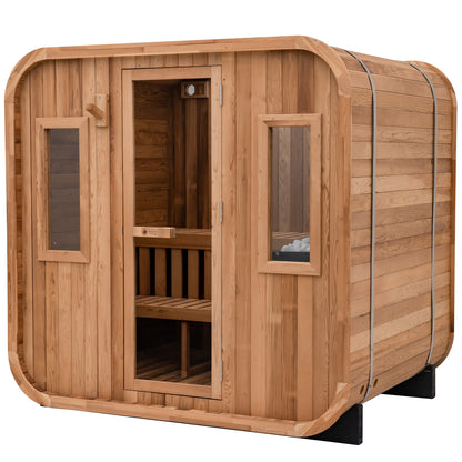 Redwood Outdoors Summit 6 person outdoor sauna, made of hemlock wood with a glass door and two large windows, exterior front angle view.