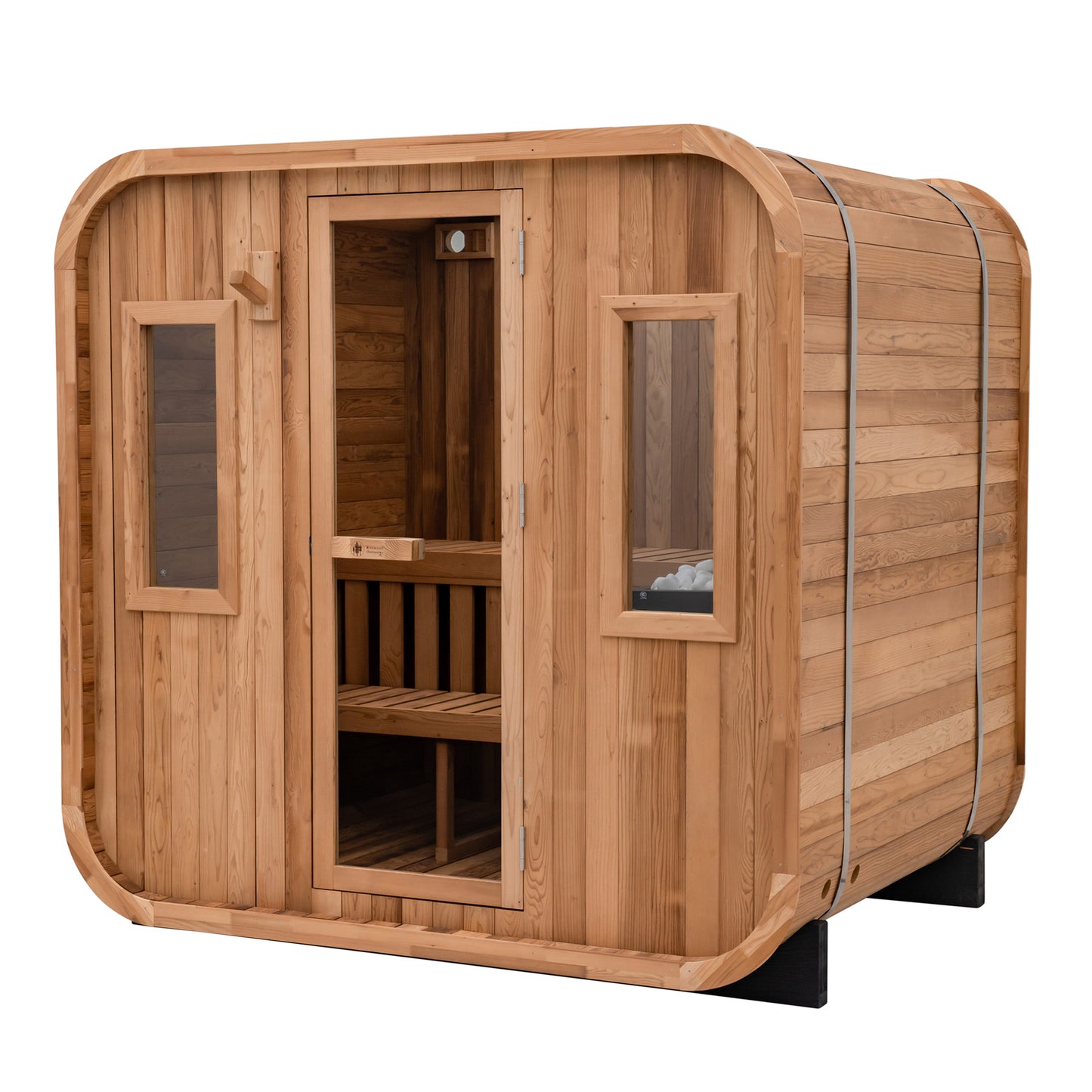 Redwood Outdoors Summit 6 person outdoor sauna, made of hemlock wood with a glass door and two large windows, exterior front angle view.