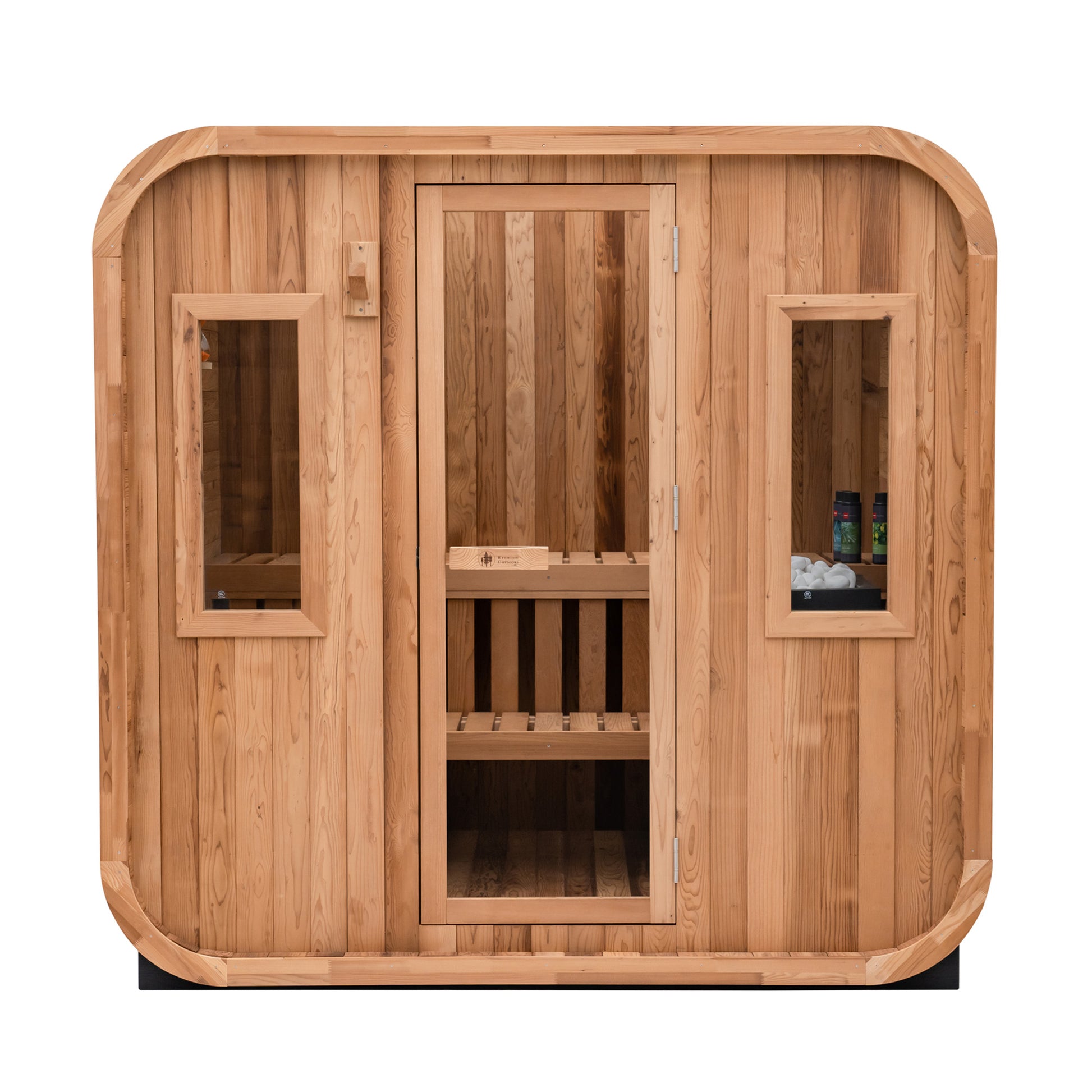 Redwood Outdoors Summit 6 person outdoor sauna, made of hemlock wood with a glass door and two large windows, exterior front view.