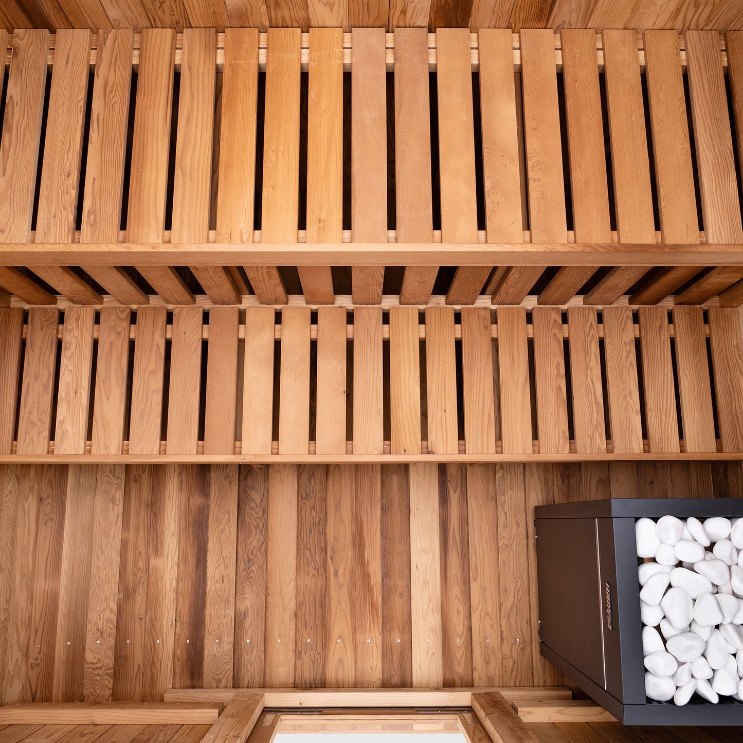 Redwood Outdoors Summit 6 person outdoor sauna, made of hemlock wood interior top view