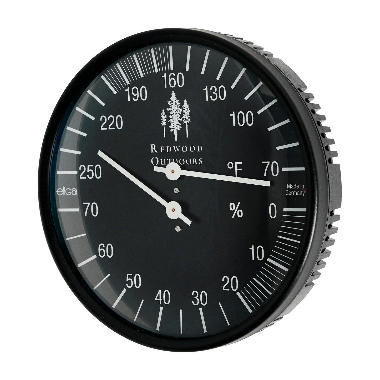 Black thermometer and hygrometer combo, 5 inch dial with white lettering front view.