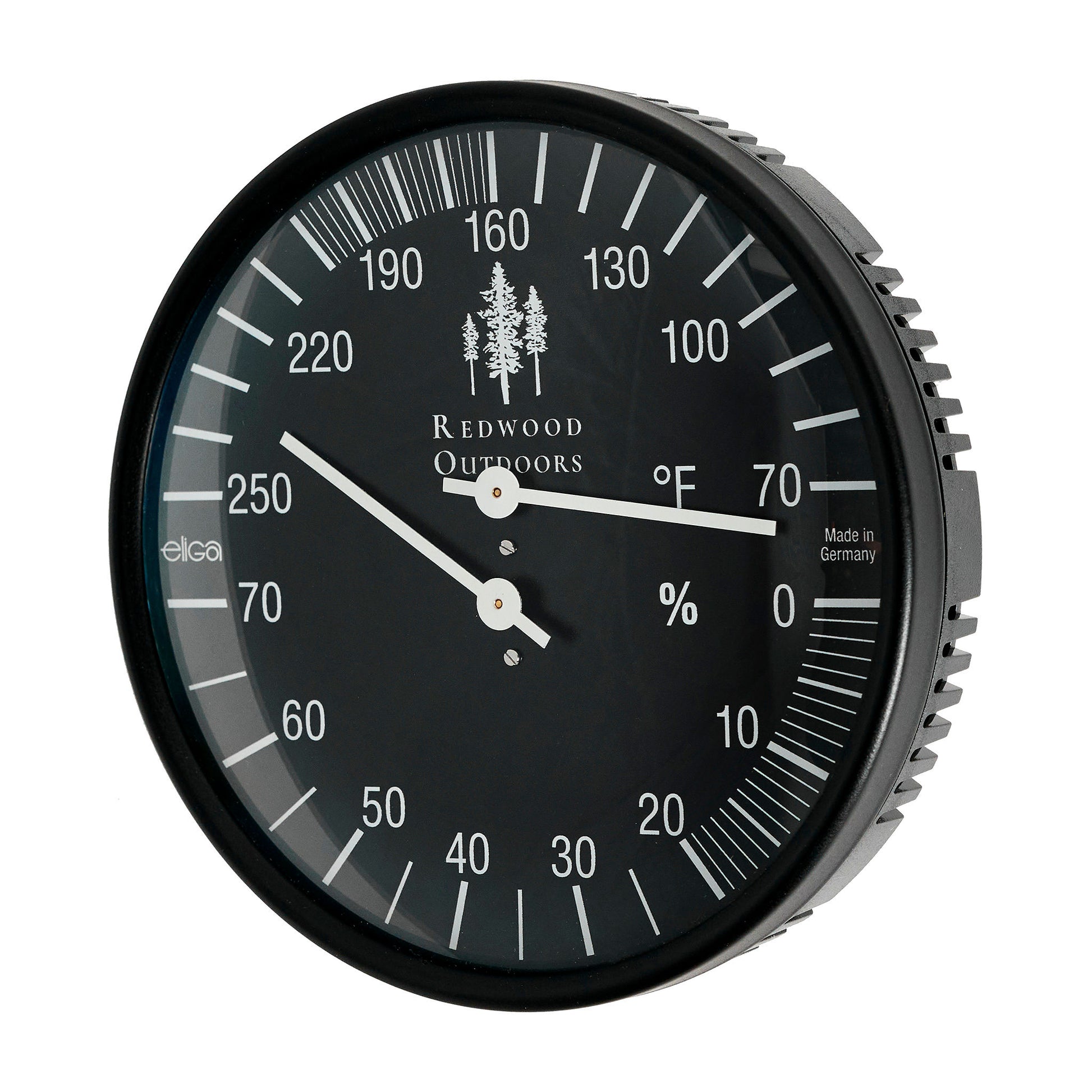 Black thermometer and hygrometer combo, 5 inch dial with white lettering front view.