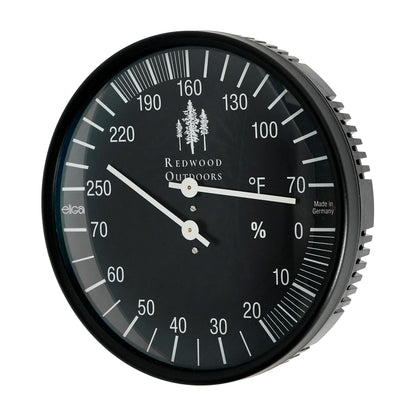 Black thermometer and hygrometer combo, 5 inch dial with white lettering front view.
