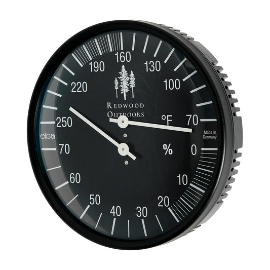 Black thermometer and hygrometer combo, 5 inch dial with white lettering front view.