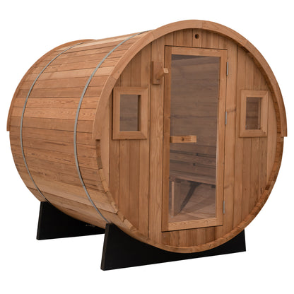 Redwood Outdoors Vista 6 person outdoor sauna, made of hemlock wood with glass door and two small windows, view from a side angle.