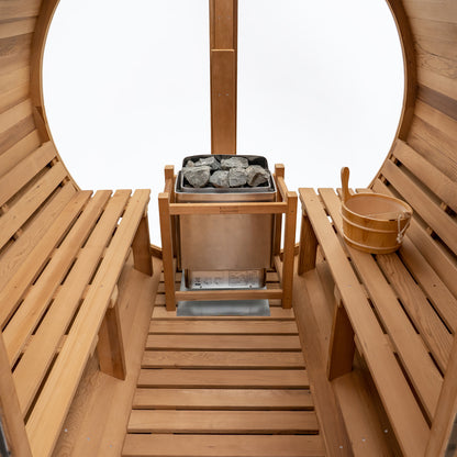 Redwood Outdoors Vista 6 person outdoor sauna, made of hemlock wood with large rear window, heater with guard and two benches on both sides. 