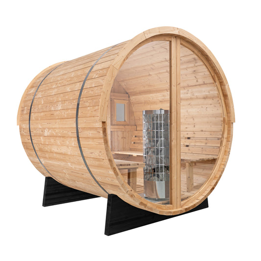 Redwood Outdoors Vista 6 person outdoor sauna, made of hemlock wood with glass door and large rear window, view from a side angle.