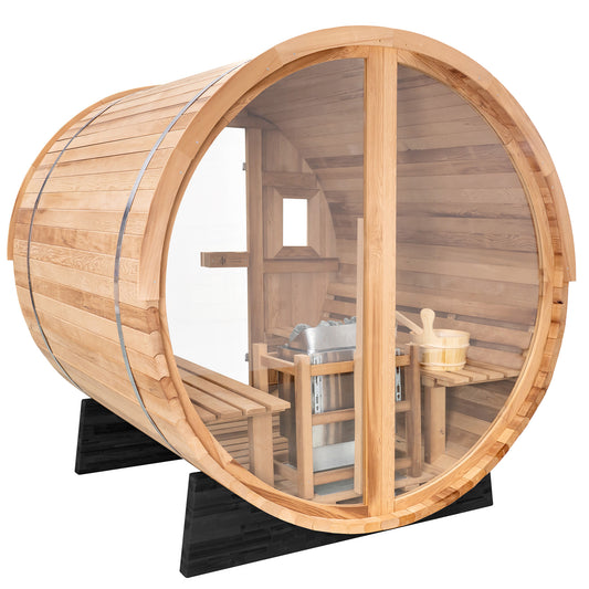 Redwood Outdoors Vista 6 person outdoor sauna, made of hemlock wood with glass door and large rear window, view from a side angle.