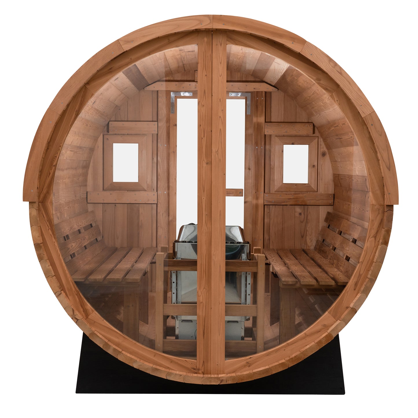 Redwood Outdoors Vista 6 person outdoor sauna, made of hemlock wood with glass door and large rear window, view from the back.