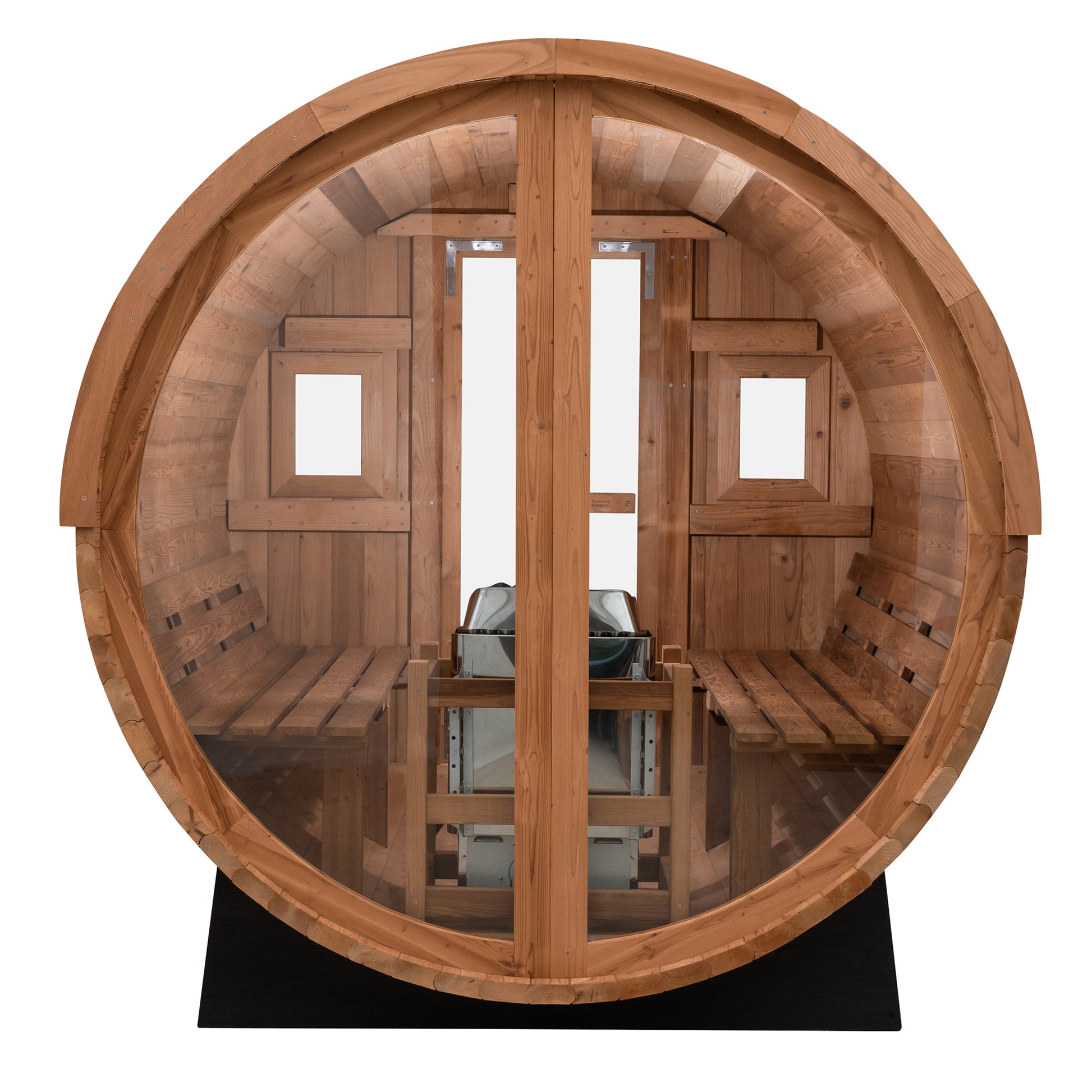 Redwood Outdoors Vista 6 person outdoor sauna, made of hemlock wood with glass door and large rear window, view from the back.