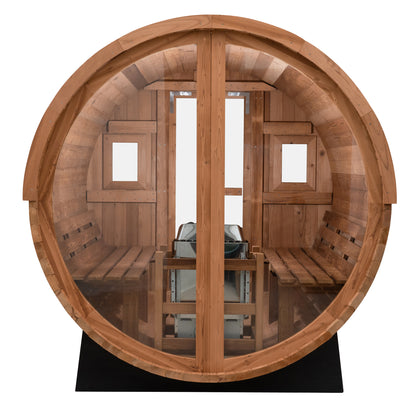 Redwood Outdoors Vista 6 person outdoor sauna, made of hemlock wood with glass door and large rear window, view from the back.