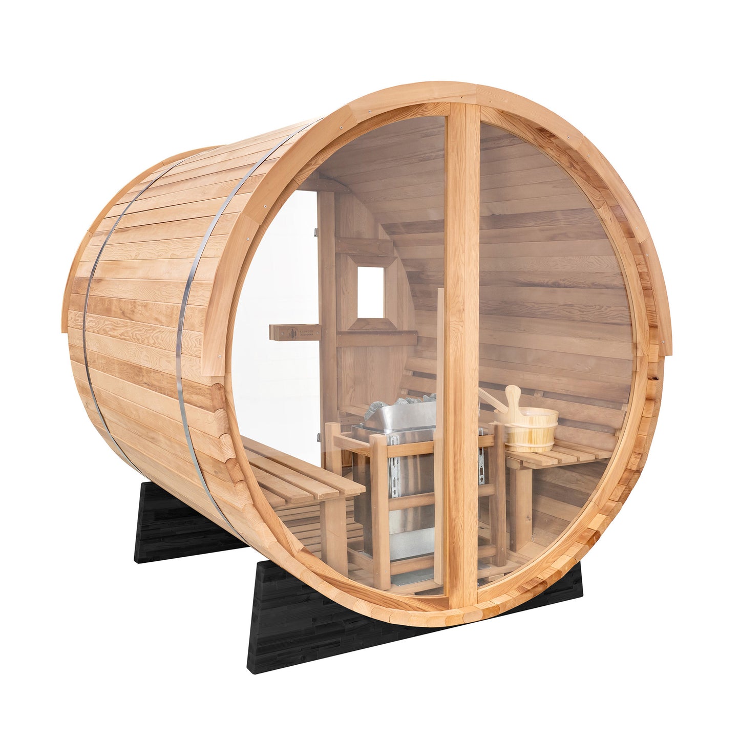 Redwood Outdoors Vista 6 person outdoor sauna, made of hemlock wood with glass door and large rear window, view from a side angle.