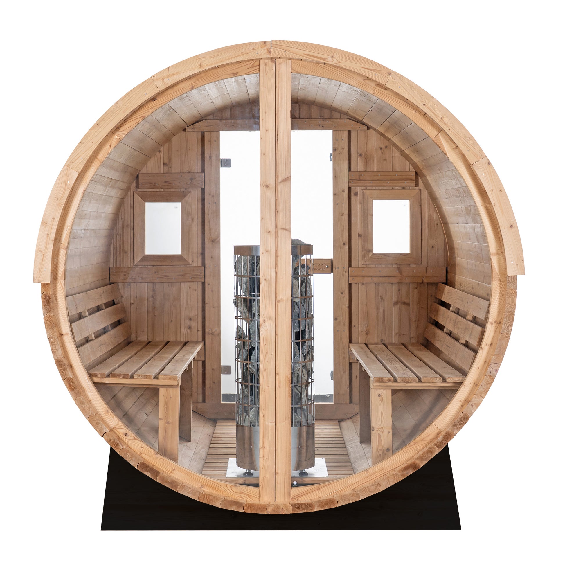 Redwood Outdoors Vista 6 person outdoor sauna, made of hemlock wood with glass door and large rear window, view from a rear angle.