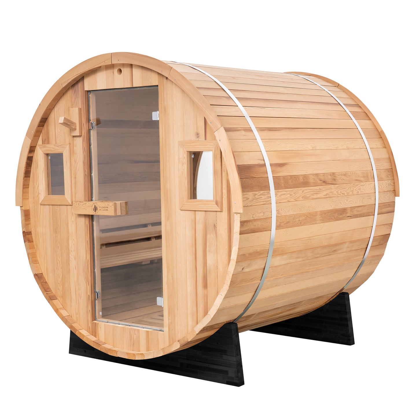Redwood Outdoors Vista 6 person outdoor sauna, made of hemlock wood with glass door view from a front side angle.