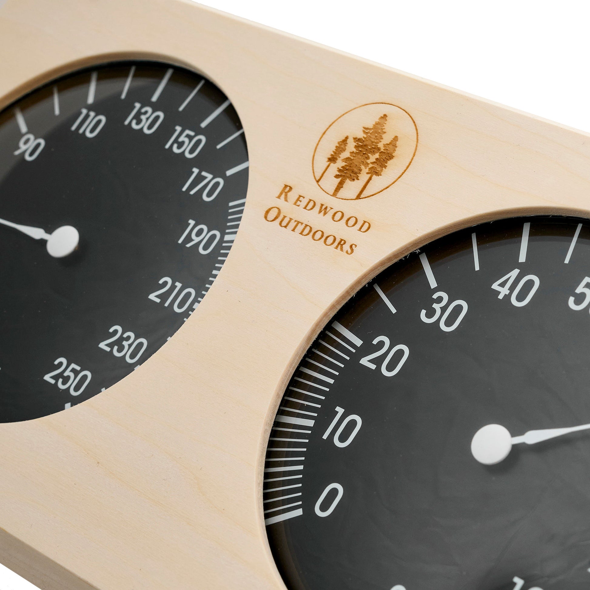 Pine thermometer and hygrometer combo, side by side with black dials and white lettering closeup view.