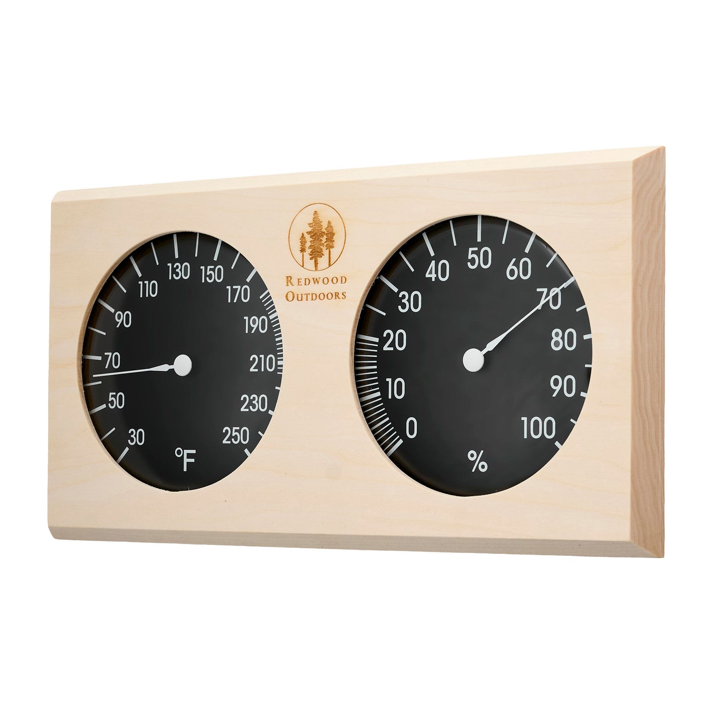 Pine thermometer and hygrometer combo, side by side with black dials and white lettering front view
