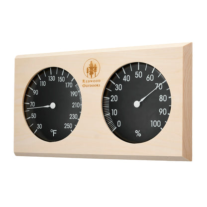 Pine thermometer and hygrometer combo, side by side with black dials and white lettering front view