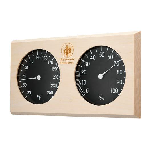 Pine thermometer and hygrometer combo, side by side with black dials and white lettering front view