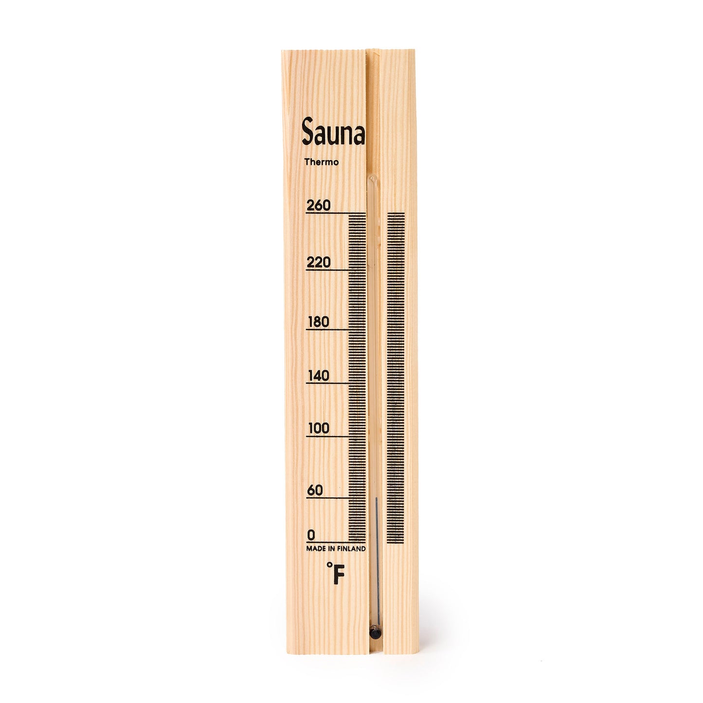 Pine wood sauna thermometer with black temperature markings front view.