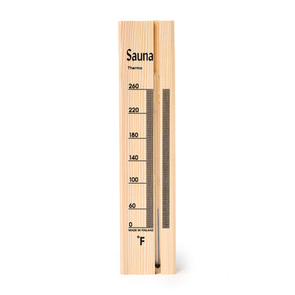 Pine wood sauna thermometer with black temperature markings front view.