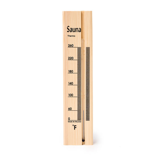 Pine wood sauna thermometer with black temperature markings front view.