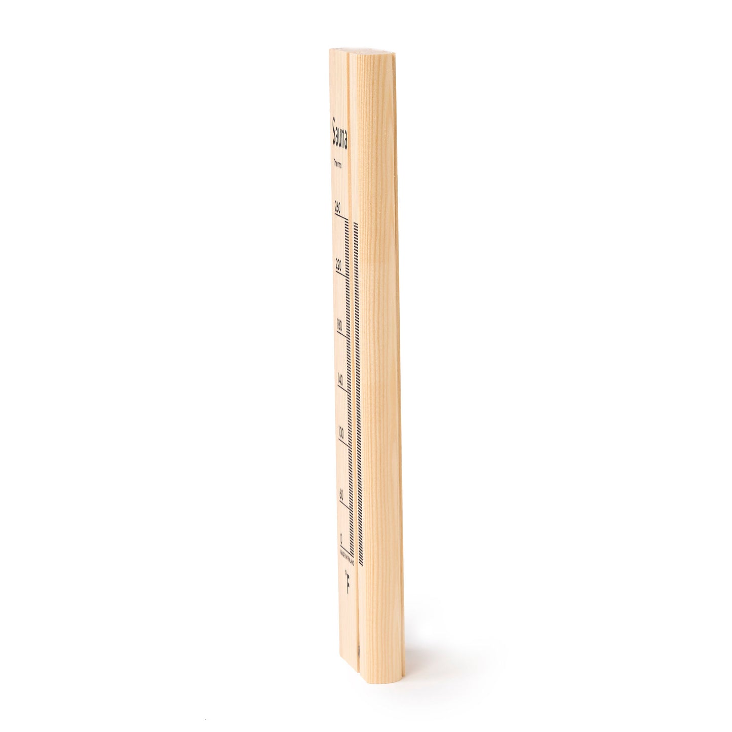 Pine wood sauna thermometer with black temperature markings side view.