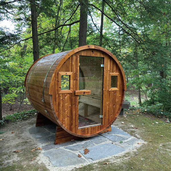 RedWood Outdoors Vista outdoor barrel sauna with full-glass rear wall