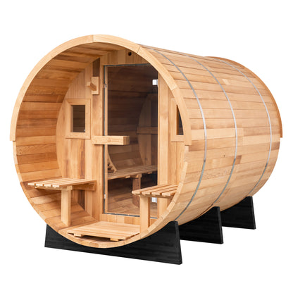Redwood Outdoors 6 person Barrel Outdoor Sauna with porch made of hemlock with a glass door and two windows, front outside view. 